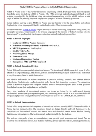 Study MBBS in Poland: A Gateway to Global Medical Opportunities | PDF