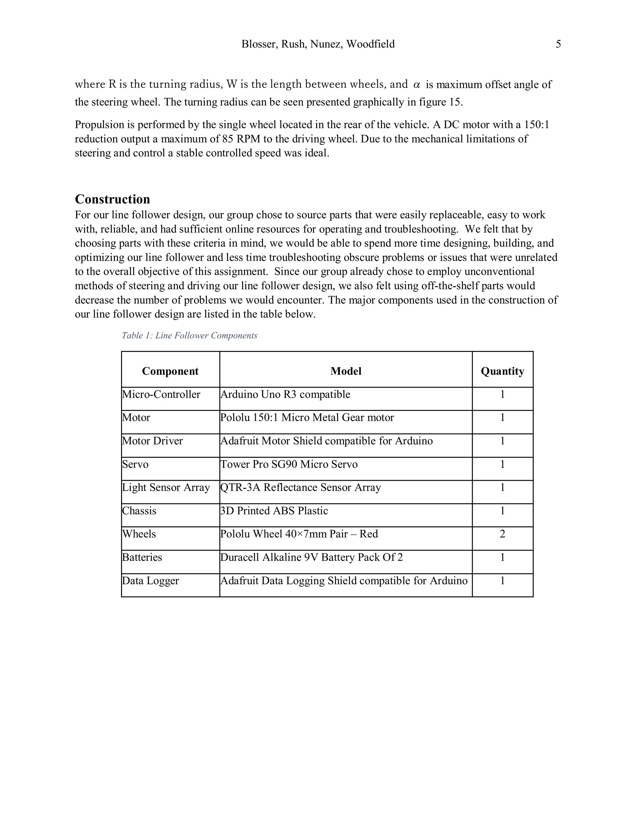 Blosser, Rush, Nunez, Woodfield 5
where R is the turning radius, W is the length between wheels, and α is maximum offset angle of
the steering wheel. The turning radius can be seen presented graphically in figure 15.
Propulsion is performed by the single wheel located in the rear of the vehicle. A DC motor with a 150:1
reduction output a maximum of 85 RPM to the driving wheel. Due to the mechanical limitations of
steering and control a stable controlled speed was ideal.
Construction
For our line follower design, our group chose to source parts that were easily replaceable, easy to work
with, reliable, and had sufficient online resources for operating and troubleshooting. We felt that by
choosing parts with these criteria in mind, we would be able to spend more time designing, building, and
optimizing our line follower and less time troubleshooting obscure problems or issues that were unrelated
to the overall objective of this assignment. Since our group already chose to employ unconventional
methods of steering and driving our line follower design, we also felt using off-the-shelf parts would
decrease the number of problems we would encounter. The major components used in the construction of
our line follower design are listed in the table below.
Table 1: Line Follower Components
Component Model Quantity
Micro-Controller Arduino Uno R3 compatible 1
Motor Pololu 150:1 Micro Metal Gear motor 1
Motor Driver Adafruit Motor Shield compatible for Arduino 1
Servo Tower Pro SG90 Micro Servo 1
Light Sensor Array QTR-3A Reflectance Sensor Array 1
Chassis 3D Printed ABS Plastic 1
Wheels Pololu Wheel 40×7mm Pair – Red 2
Batteries Duracell Alkaline 9V Battery Pack Of 2 1
Data Logger Adafruit Data Logging Shield compatible for Arduino 1
 