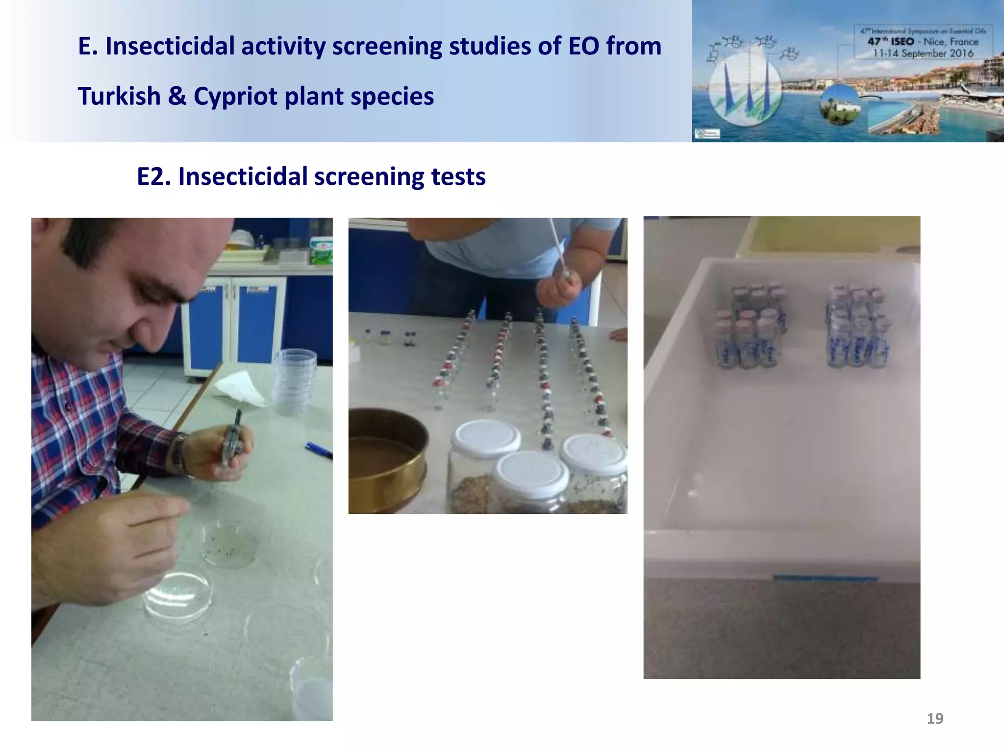 E. Insecticidal activity screening studies of EO from
Turkish & Cypriot plant species
E2. Insecticidal screening tests
19
 