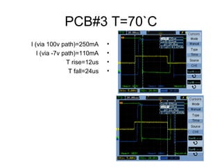 PCB#3 T=70`C
•I (via 100v path)=250mA
•I (via -7v path)=110mA
•T rise=12us
•T fall=24us
 