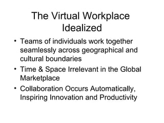 The Virtual Workplace
Idealized
• Teams of individuals work together
seamlessly across geographical and
cultural boundaries
• Time & Space Irrelevant in the Global
Marketplace
• Collaboration Occurs Automatically,
Inspiring Innovation and Productivity
 