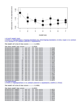 > # null model test > fit4 <- logreg(resp = logreg.testdat[,1], bin=logreg.testdat[, 2:21], type = 2, select = 4, ntrees = 2, anneal.control = myanneal2) 
The model of size 0 has score 1.4941 
The best model has score 1.0316 Permutation number 1 out of 25 has score 1.4720 Permutation number 2 out of 25 has score 1.4694 Permutation number 3 out of 25 has score 1.4574 Permutation number 4 out of 25 has score 1.4686 Permutation number 5 out of 25 has score 1.4548 Permutation number 6 out of 25 has score 1.4683 Permutation number 7 out of 25 has score 1.4756 Permutation number 8 out of 25 has score 1.4670 Permutation number 9 out of 25 has score 1.4676 Permutation number 10 out of 25 has score 1.4718 Permutation number 11 out of 25 has score 1.4744 Permutation number 12 out of 25 has score 1.4681 Permutation number 13 out of 25 has score 1.4724 Permutation number 14 out of 25 has score 1.4722 Permutation number 15 out of 25 has score 1.4610 Permutation number 16 out of 25 has score 1.4630 Permutation number 17 out of 25 has score 1.4519 Permutation number 18 out of 25 has score 1.4728 Permutation number 19 out of 25 has score 1.4778 Permutation number 20 out of 25 has score 1.4655 Permutation number 21 out of 25 has score 1.4594 Permutation number 22 out of 25 has score 1.4541 Permutation number 23 out of 25 has score 1.4580 Permutation number 24 out of 25 has score 1.4569 Permutation number 25 out of 25 has score 1.4673 > # equivalent > fit4 <- logreg(select = 4, anneal.control = myanneal2, oldfit = fit1) 
The model of size 0 has score 1.4941 
The best model has score 1.0333 Permutation number 1 out of 25 has score 1.4673 Permutation number 2 out of 25 has score 1.4694 Permutation number 3 out of 25 has score 1.4654 Permutation number 4 out of 25 has score 1.4550 Permutation number 5 out of 25 has score 1.4728 Permutation number 6 out of 25 has score 1.4649 Permutation number 7 out of 25 has score 1.4573 Permutation number 8 out of 25 has score 1.4679 Permutation number 9 out of 25 has score 1.4563  