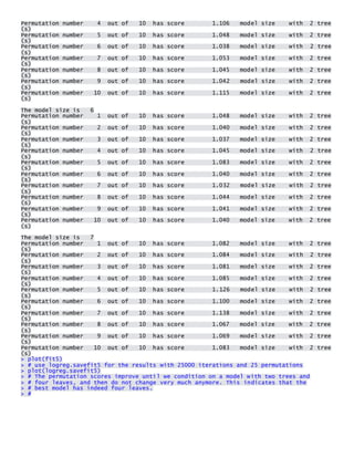 Permutation number 4 out of 10 has score 1.106 model size with 2 tree(s) Permutation number 5 out of 10 has score 1.048 model size with 2 tree(s) Permutation number 6 out of 10 has score 1.038 model size with 2 tree(s) Permutation number 7 out of 10 has score 1.053 model size with 2 tree(s) Permutation number 8 out of 10 has score 1.045 model size with 2 tree(s) Permutation number 9 out of 10 has score 1.042 model size with 2 tree(s) Permutation number 10 out of 10 has score 1.115 model size with 2 tree(s) 
The model size is 6 Permutation number 1 out of 10 has score 1.048 model size with 2 tree(s) Permutation number 2 out of 10 has score 1.040 model size with 2 tree(s) Permutation number 3 out of 10 has score 1.037 model size with 2 tree(s) Permutation number 4 out of 10 has score 1.045 model size with 2 tree(s) Permutation number 5 out of 10 has score 1.083 model size with 2 tree(s) Permutation number 6 out of 10 has score 1.040 model size with 2 tree(s) Permutation number 7 out of 10 has score 1.032 model size with 2 tree(s) Permutation number 8 out of 10 has score 1.044 model size with 2 tree(s) Permutation number 9 out of 10 has score 1.041 model size with 2 tree(s) Permutation number 10 out of 10 has score 1.040 model size with 2 tree(s) 
The model size is 7 Permutation number 1 out of 10 has score 1.082 model size with 2 tree(s) Permutation number 2 out of 10 has score 1.084 model size with 2 tree(s) Permutation number 3 out of 10 has score 1.081 model size with 2 tree(s) Permutation number 4 out of 10 has score 1.085 model size with 2 tree(s) Permutation number 5 out of 10 has score 1.126 model size with 2 tree(s) Permutation number 6 out of 10 has score 1.100 model size with 2 tree(s) Permutation number 7 out of 10 has score 1.138 model size with 2 tree(s) Permutation number 8 out of 10 has score 1.067 model size with 2 tree(s) Permutation number 9 out of 10 has score 1.069 model size with 2 tree(s) Permutation number 10 out of 10 has score 1.083 model size with 2 tree(s) > plot(fit5) > # use logreg.savefit5 for the results with 25000 iterations and 25 permutations > plot(logreg.savefit5) > # The permutation scores improve until we condition on a model with two trees and > # four leaves, and then do not change very much anymore. This indicates that the > # best model has indeed four leaves. > # 
 