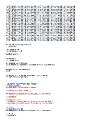 [386] 1.647760e-01 -4.138398e-02 8.743241e-01 6.611572e-01 3.986264e-02 [391] -3.456358e-01 -1.693428e-03 -6.341449e-02 4.628012e-03 -3.530681e-01 [396] 1.115366e-02 4.104240e-01 3.038916e-01 5.909604e-01 7.593539e-02 [401] -4.420717e-02 -2.122794e-01 -4.211140e-01 -6.293539e-03 -3.967116e-01 [406] 6.759625e-01 1.204147e-01 -4.293633e-01 3.063112e-01 7.130642e-01 [411] -2.015548e-01 4.879212e-02 2.559575e-02 -7.728205e-02 -1.024597e-01 [416] 6.580593e-01 -1.661414e-01 2.627867e-01 1.184235e-03 -1.104221e-01 [421] -3.804926e-01 4.657173e-02 9.691458e-02 -3.622243e-02 2.408253e-01 [426] 4.912079e-02 6.007831e-01 1.883959e-01 1.124889e-01 1.654020e-01 [431] 3.151850e-01 -1.615985e-01 -2.125185e-01 -1.464956e-02 -4.833256e-01 [436] -2.068759e-01 3.121232e-01 5.607779e-01 5.854767e-01 -1.957158e-01 [441] 3.468229e-02 1.282277e-01 1.729803e-01 9.294130e-01 -2.140935e-01 [446] 1.581861e-01 -4.446945e-01 2.604056e-01 3.026947e-01 -7.435847e-01 [451] 4.164247e-03 -5.596878e-01 5.301294e-01 6.697349e-02 -8.154847e-02 [456] -4.354849e-02 1.264328e-01 -7.144505e-01 -5.574855e-01 2.968201e-01 [461] 2.561004e-01 -2.959080e-01 -1.960794e-01 4.138684e-01 -4.021685e-01 [466] -5.795918e-01 -3.394786e-01 -7.153289e-02 7.456315e-02 -2.203092e-01 [471] -5.507718e-02 4.239638e-01 1.778883e-01 -2.491274e-02 4.896947e-01 [476] 3.246426e-01 -4.889702e-01 -1.372835e-01 2.736567e-01 -5.934831e-02 [481] -5.370023e-01 6.834302e-01 -9.988027e-02 1.868737e-01 -2.655596e-02 [486] 2.271442e-01 -9.204245e-01 2.647255e-01 1.581062e-01 3.713533e-01 [491] -4.373559e-01 -2.725528e-01 -5.564445e-01 -1.005235e-01 -1.071245e-01 [496] -3.032688e-01 9.003089e-02 4.596611e-01 8.397288e-03 1.946036e-02 
Value of Objective Function [1] -217.81 
# of cases= 500 # of predictors= 5 
Lambda used: 0 
Intercept: [1] -0.1178632 
Esimtated Coefficients: [1] 1.0169212 0.9629956 0.9977170 1.0578047 0.9706297 
Number of Active Variables: [1] 5 
Selected Variables with Nonzero Coefficients: [1] "1" "2" "3" "4" "5" 
Support Vector Machings Major > library(SVMMaj) Loading required package: kernlab 
Attaching package: ‘SVMMaj’ 
The following object is masked _by_ ‘.GlobalEnv’: 
diabetes 
Warning messages: 1: package ‘SVMMaj’ was built under R version 3.1.2 2: package ‘kernlab’ was built under R version 3.1.0 
AusCredit > attach(AusCredit) The following objects are masked _by_ .GlobalEnv: 
X, y > summary(X)  