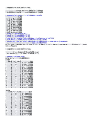 1 repetition was calculated. 
Error Reached Threshold Steps 1 0.0005444428632 0.009761098167 10106 
> compute(net.sqrt, (1:10)^2)$net.result [,1] [1,] 0.9755329585 [2,] 1.9997586089 [3,] 2.9892482584 [4,] 4.0066401562 [5,] 4.9965270486 [6,] 6.0038153847 [7,] 6.9986646780 [8,] 7.9952143503 [9,] 9.0068085556 [10,] 9.9908895730 > Var1 <- rpois(100,0.5) > Var2 <- rbinom(100,2,0.6) > Var3 <- rbinom(100,1,0.5) > SUM <- as.integer(abs(Var1+Var2+Var3+(rnorm(100)))) > sum.data <- data.frame(Var1+Var2+Var3, SUM) > print(net.sum <- neuralnet(SUM~Var1+Var2+Var3, sum.data, hidden=1, + act.fct="tanh")) Call: neuralnet(formula = SUM ~ Var1 + Var2 + Var3, data = sum.data, hidden = 1, act. fct = "tanh") 
1 repetition was calculated. 
Error Reached Threshold Steps 1 41.95083744 0.009657036729 38715 
> prediction(net.sum) Data Error: 37.20436647; $rep1 Var1 Var2 Var3 SUM 1 0 0 0 0.3897391588 2 1 0 0 0.8609539971 3 0 1 0 0.8616593767 4 1 1 0 1.4795984331 5 2 1 0 2.2727061065 6 0 2 0 1.4805149536 7 1 2 0 2.2738684555 8 2 2 0 3.2648984685 9 0 0 1 0.8959745214 10 1 0 1 1.5241401870 11 0 1 1 1.5250712536 12 1 1 1 2.3303263128 13 2 1 1 3.3342912451 14 3 1 1 4.5440073237 15 0 2 1 2.3315054333 16 1 2 1 3.3357389327 17 2 2 1 4.5457191775 
$data Var1 Var2 Var3 SUM 1 0 0 0 0.250000000 2 1 0 0 0.500000000 3 0 1 0 1.066666667 4 1 1 0 1.166666667 5 2 1 0 2.500000000 6 0 2 0 1.636363636 7 1 2 0 2.125000000 8 2 2 0 3.000000000 9 0 0 1 0.250000000 10 1 0 1 1.857142857 11 0 1 1 1.692307692 12 1 1 1 2.000000000 13 2 1 1 3.666666667 14 3 1 1 4.000000000 15 0 2 1 2.285714286  