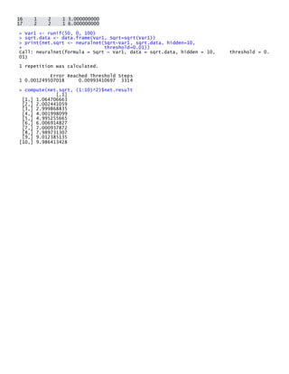 16 1 2 1 3.000000000 17 2 2 1 6.000000000 
> Var1 <- runif(50, 0, 100) 
> sqrt.data <- data.frame(Var1, Sqrt=sqrt(Var1)) 
> print(net.sqrt <- neuralnet(Sqrt~Var1, sqrt.data, hidden=10, 
+ threshold=0.01)) 
Call: neuralnet(formula = Sqrt ~ Var1, data = sqrt.data, hidden = 10, threshold = 0.01) 
1 repetition was calculated. 
Error Reached Threshold Steps 
1 0.001249507018 0.00993410697 3314 
> compute(net.sqrt, (1:10)^2)$net.result 
[,1] 
[1,] 1.064706663 
[2,] 2.002441059 
[3,] 2.999868835 
[4,] 4.001998099 
[5,] 4.995255665 
[6,] 6.006914827 
[7,] 7.000937872 
[8,] 7.989731307 
[9,] 9.012385135 
[10,] 9.986413428 
 