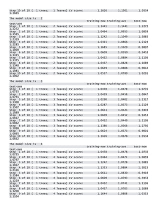 Step 10 of 10 [ 1 trees; 1 leaves] CV score: 1.1626 1.1501 1.0534 1.1665 
The model size is 2 training-now training-ave test-now test-ave Step 1 of 10 [ 1 trees; 2 leaves] CV score: 1.1441 1.1441 1.2272 1.2272 Step 2 of 10 [ 1 trees; 2 leaves] CV score: 1.0464 1.0953 1.0859 1.1565 Step 3 of 10 [ 1 trees; 2 leaves] CV score: 1.1242 1.1049 1.3885 1.2339 Step 4 of 10 [ 1 trees; 2 leaves] CV score: 1.0315 1.0866 1.2124 1.2285 Step 5 of 10 [ 1 trees; 2 leaves] CV score: 1.1685 1.1029 0.9897 1.1808 Step 6 of 10 [ 1 trees; 2 leaves] CV score: 1.0609 1.0959 0.9453 1.1415 Step 7 of 10 [ 1 trees; 2 leaves] CV score: 1.0432 1.0884 1.1136 1.1375 Step 8 of 10 [ 1 trees; 2 leaves] CV score: 1.0437 1.0828 1.1089 1.1340 Step 9 of 10 [ 1 trees; 2 leaves] CV score: 1.0649 1.0808 0.9012 1.1081 Step 10 of 10 [ 1 trees; 2 leaves] CV score: 1.0527 1.0780 1.0291 1.1002 
The model size is 3 training-now training-ave test-now test-ave Step 1 of 10 [ 1 trees; 3 leaves] CV score: 1.0478 1.0478 1.0735 1.0735 Step 2 of 10 [ 1 trees; 3 leaves] CV score: 1.0439 1.0458 1.0847 1.0791 Step 3 of 10 [ 1 trees; 3 leaves] CV score: 1.0290 1.0402 1.2317 1.1300 Step 4 of 10 [ 1 trees; 3 leaves] CV score: 1.0287 1.0373 1.2129 1.1507 Step 5 of 10 [ 1 trees; 3 leaves] CV score: 1.0611 1.0421 0.9419 1.1089 Step 6 of 10 [ 1 trees; 3 leaves] CV score: 1.0609 1.0452 0.9453 1.0817 Step 7 of 10 [ 1 trees; 3 leaves] CV score: 1.0432 1.0449 1.1136 1.0862 Step 8 of 10 [ 1 trees; 3 leaves] CV score: 1.1386 1.0566 1.2750 1.1098 Step 9 of 10 [ 1 trees; 3 leaves] CV score: 1.0624 1.0573 0.9001 1.0865 Step 10 of 10 [ 1 trees; 3 leaves] CV score: 1.1626 1.0678 1.0534 1.0832 
The model size is 4 training-now training-ave test-now test-ave Step 1 of 10 [ 1 trees; 4 leaves] CV score: 1.0478 1.0478 1.0735 1.0735 Step 2 of 10 [ 1 trees; 4 leaves] CV score: 1.0464 1.0471 1.0859 1.0797 Step 3 of 10 [ 1 trees; 4 leaves] CV score: 1.1242 1.0728 1.3885 1.1827 Step 4 of 10 [ 1 trees; 4 leaves] CV score: 1.1353 1.0884 1.3023 1.2126 Step 5 of 10 [ 1 trees; 4 leaves] CV score: 1.0611 1.0830 0.9419 1.1584 Step 6 of 10 [ 1 trees; 4 leaves] CV score: 1.0609 1.0793 0.9453 1.1229 Step 7 of 10 [ 1 trees; 4 leaves] CV score: 1.0432 1.0741 1.1136 1.1216 Step 8 of 10 [ 1 trees; 4 leaves] CV score: 1.0437 1.0703 1.1089 1.1200 Step 9 of 10 [ 1 trees; 4 leaves] CV score: 1.1644 1.0808 1.0333 1.1104  