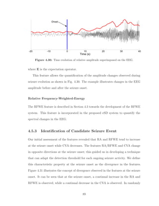 -20 -10 0 10 20 30 40
Time (s)
Onset
Figure 4.30: Time evolution of relative amplitude superimposed on the EEG.
where E is the expectation operator.
This feature allows the quantiﬁcation of the amplitude changes observed during
seizure evolution as shown in Fig. 4.30. The example illustrates changes in the EEG
amplitude before and after the seizure onset.
Relative Frequency-Weighted-Energy
The RFWE feature is described in Section 4.3 towards the development of the RFWE
system. This feature is incorporated in the proposed eSD system to quantify the
spectral changes in the EEG.
4.5.3 Identiﬁcation of Candidate Seizure Event
Our initial assessment of the features revealed that RA and RFWE tend to increase
at the seizure onset while CVA decreases. The features RA/RFWE and CVA change
in opposite directions at the seizure onset; this guided us in developing a technique
that can adapt the detection threshold for each ongoing seizure activity. We deﬁne
this characteristic property at the seizure onset as the divergence in the features.
Figure 4.31 illustrates the concept of divergence observed in the features at the seizure
onset. It can be seen that at the seizure onset, a continual increase in the RA and
RFWE is observed, while a continual decrease in the CVA is observed. In randomly
89
 