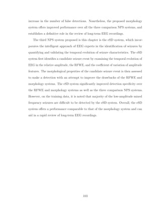 increase in the number of false detections. Nonetheless, the proposed morphology
system oﬀers improved performance over all the three comparison NPS systems, and
establishes a deﬁnitive role in the review of long-term EEG recordings.
The third NPS system proposed is this chapter is the eSD system, which incor-
porates the intelligent approach of EEG experts in the identiﬁcation of seizures by
quantifying and validating the temporal evolution of seizure characteristics. The eSD
system ﬁrst identiﬁes a candidate seizure event by examining the temporal evolution of
EEG in the relative amplitude, the RFWE, and the coeﬃcient of variation of amplitude
features. The morphological properties of the candidate seizure event is then assessed
to make a detection with an attempt to improve the drawbacks of the RFWE and
morphology systems. The eSD system signiﬁcantly improved detection speciﬁcity over
the RFWE and morphology systems as well as the three comparison NPS systems.
However, on the training data, it is noted that majority of the low-amplitude mixed
frequency seizures are diﬃcult to be detected by the eSD system. Overall, the eSD
system oﬀers a performance comparable to that of the morphology system and can
aid in a rapid review of long-term EEG recordings.
103
 