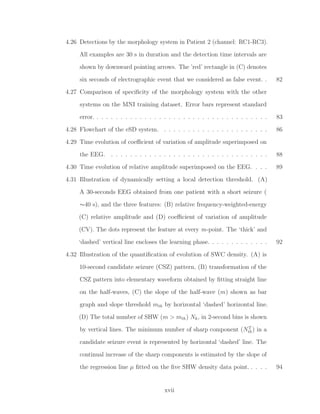4.26 Detections by the morphology system in Patient 2 (channel: RC1-RC3).
All examples are 30 s in duration and the detection time intervals are
shown by downward pointing arrows. The ’red’ rectangle in (C) denotes
six seconds of electrographic event that we considered as false event. . 82
4.27 Comparison of speciﬁcity of the morphology system with the other
systems on the MNI training dataset. Error bars represent standard
error. . . . . . . . . . . . . . . . . . . . . . . . . . . . . . . . . . . . . 83
4.28 Flowchart of the eSD system. . . . . . . . . . . . . . . . . . . . . . . 86
4.29 Time evolution of coeﬃcient of variation of amplitude superimposed on
the EEG. . . . . . . . . . . . . . . . . . . . . . . . . . . . . . . . . . 88
4.30 Time evolution of relative amplitude superimposed on the EEG. . . . 89
4.31 Illustration of dynamically setting a local detection threshold. (A)
A 30-seconds EEG obtained from one patient with a short seizure (
∼40 s), and the three features: (B) relative frequency-weighted-energy
(C) relative amplitude and (D) coeﬃcient of variation of amplitude
(CV). The dots represent the feature at every m-point. The ‘thick’ and
‘dashed’ vertical line encloses the learning phase. . . . . . . . . . . . . 92
4.32 Illustration of the quantiﬁcation of evolution of SWC density. (A) is
10-second candidate seizure (CSZ) pattern, (B) transformation of the
CSZ pattern into elementary waveform obtained by ﬁtting straight line
on the half-waves, (C) the slope of the half-wave (m) shown as bar
graph and slope threshold mth by horizontal ‘dashed’ horizontal line.
(D) The total number of SHW (m > mth) Nk, in 2-second bins is shown
by vertical lines. The minimum number of sharp component (NT
th) in a
candidate seizure event is represented by horizontal ‘dashed’ line. The
continual increase of the sharp components is estimated by the slope of
the regression line µ ﬁtted on the ﬁve SHW density data point. . . . . 94
xvii
 