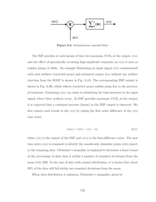 Figure 6.3: Instantaneous matched ﬁlter
The IMF provides at each instant of time the maximum SNRo at the output, v(n),
and the eﬀect of sporadically occurring high-amplitude transients on v(n) is seen as
sudden jumps or shifts. An example illustrating an input signal x(n) contaminated
with such artifacts (encircled areas) and estimated output ˆs(n) without any artifact
rejection from the SONF is shown in Fig. 6.4A. The corresponding IMF output is
shown in Fig. 6.4B, which reﬂects (encircled areas) sudden jump due to the presence
of transients. Examining v(n) can assist in identifying the time-instances in the input
signal, where these artifacts occur. As IMF provides maximum SNRo at the output,
it is expected that a continual increase (linear) in the IMF output is observed. We
ﬁrst remove such trends in the v(n) by taking the ﬁrst order diﬀerence of the v(n)
time series.
w(n) = v(n) − v(n − 1), (6.1)
where v(n) is the output of the IMF and w(n) is the ﬁrst-diﬀerence series. The new
time series w(n) is examined to identify the considerably dissimilar points with respect
to the remaining data. Chebyshev’s inequality is employed to determine a lower bound
of the percentage of data that is within b number of standard deviations from the
mean [134, 200]. In the case of data with normal distribution, it is known that about
95% of the data will fall within two standard deviations from the mean.
When data distribution is unknown, Chebyshev’s inequality, given by
142
 