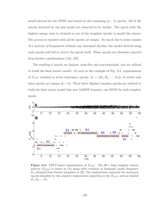model derived for the SONF and tested on the remaining (p − 1) epochs. All of the
epochs detected by the pth model are observed to be similar. The epoch with the
highest energy ratio is retained as one of the template epochs to model the seizure.
The process is repeated until all the epochs are unique. An epoch due to noise consists
of a mixture of frequencies without any sustained rhythm; the model derived using
such epochs will fail to detect the epoch itself. These epochs are therefore rejected
from further considerations [134, 135].
The resulting k epochs are disjoint, noise-free and non-redundant, and are utilized
to build the ﬁnal seizure model. As seen in the example of Fig. 6.5, segmentation
of TPAT resulted in seven stationary epochs (E = {E1, E2, . . . , E7}) of which only
three epochs are unique (k = 3). These three disjoint template epochs are utilized to
build the ﬁnal seizure model that uses 3-SONF branches, one SONF for each template
epoch.
Figure 6.5: STFT-based segmentation of TPAT . The 60 s long template seizure
pattern (TPAT ) is shown in (A) along with evolution of dominant (peak) frequency
Fm obtained from Fourier transform in (B). The dashed-boxes represent the stationary
epochs identiﬁed by the adaptive segmentation algorithm in the TPAT , and are labeled
E1, E2, . . . E7.
146
 