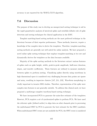 accuracy is not reported for the WAVE CLUS algorithm.
7.6 Discussion
The purpose of this study was to develop an unsupervised sorting technique to aid in
the rapid quantitative analysis of interictal spikes and establish deﬁnite role of spike
detection and sorting techniques for clinical application in the EMU.
Template matching-based sorting methods are the most preferred technique in the
literature because of their superior performance. These methods, however, require a
knowledge of the complete data to derive the templates. Therefore, template-matching
sorting methods are generally not well suited for online analysis. We have proposed a
novel online spike sorting technique that employs template-matching at its core and
dynamically derives the templates as the data becomes available.
Majority of the spike sorting methods in the literature extract various features
of spikes such as spike height, width, peak-to-peak amplitude, half-wave duration,
slopes, and wavelet coeﬃcients. These features are utilized to measure similarity
between spikes to perform sorting. Classifying spikes directly using waveforms in
high dimensional space is considered very challenging because data points are sparse
and noisy, resulting in imprecise clusters [147, 211, 219]. Waveform morphology is
vitally important in invasive EEG studies. Therefore, representation of the spike wave
complex into features is not generally suitable. To address this clinical need, we have
proposed a multistage complete waveform-based sorting technique.
We have incorporated PCA to generate the noise-free estimate of the templates.
However, PCA requires a set of synchronized spikes to perform PCA. We have used
the reference spike (deﬁned earlier) to align data on other channels prior to processing
the multichannel SWC by PCA to generate the best estimate for the SWC candidate.
When multichannel SWC events are not available for PCA, the SWC event is considered
183
 