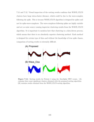 7.11 and 7.12. Visual inspection of the sorting results conﬁrms that WAVE CLUS
clusters have large intra-cluster distance, which could be due to the wave-complex
following the spike. This is because WAVE CLUS algorithm is designed for spikes and
not for spike-wave-complexes. The wave-complexes following spikes are highly variable
and act as noise source causing imprecise clustering results from the WAVE CLUS
algorithm. It is important to mention here that clustering is a data-driven process,
which means that there is no absolutely superior clustering method. Each method
is designed for certain type of data and without the knowledge of true spike classes,
comparison of sorting results is extremely diﬃcult.
Figure 7.11: Sorting results for Patient 4 using the AutoSpike SWC events. (A)
contains three most signiﬁcant clusters obtained with the proposed sorting algorithm.
(B) contains results obtained from the WAVE CLUS sorting algorithm.
189
 