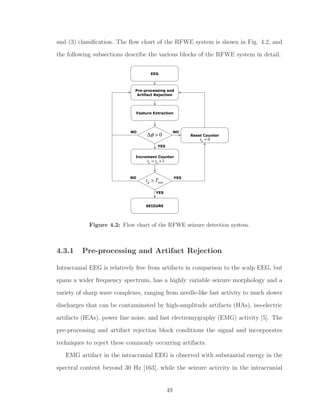 and (3) classiﬁcation. The ﬂow chart of the RFWE system is shown in Fig. 4.2, and
the following subsections describe the various blocks of the RFWE system in detail.
0φ∆ >
0tφ =
1t tφ φ= +
mint Tφ >
Figure 4.2: Flow chart of the RFWE seizure detection system.
4.3.1 Pre-processing and Artifact Rejection
Intracranial EEG is relatively free from artifacts in comparison to the scalp EEG, but
spans a wider frequency spectrum, has a highly variable seizure morphology and a
variety of sharp wave complexes, ranging from needle-like fast activity to much slower
discharges that can be contaminated by high-amplitude artifacts (HAs), iso-electric
artifacts (IEAs), power line noise, and fast electromygraphy (EMG) activity [5]. The
pre-processing and artifact rejection block conditions the signal and incorporates
techniques to reject these commonly occurring artifacts.
EMG artifact in the intracranial EEG is observed with substantial energy in the
spectral content beyond 30 Hz [163], while the seizure activity in the intracranial
49
 