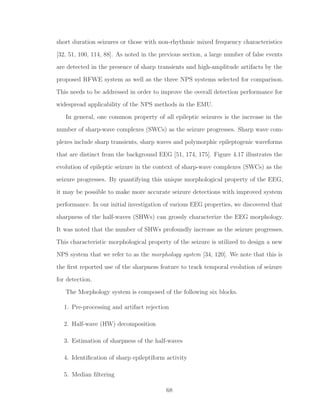 short duration seizures or those with non-rhythmic mixed frequency characteristics
[32, 51, 100, 114, 88]. As noted in the previous section, a large number of false events
are detected in the presence of sharp transients and high-amplitude artifacts by the
proposed RFWE system as well as the three NPS systems selected for comparison.
This needs to be addressed in order to improve the overall detection performance for
widespread applicability of the NPS methods in the EMU.
In general, one common property of all epileptic seizures is the increase in the
number of sharp-wave complexes (SWCs) as the seizure progresses. Sharp wave com-
plexes include sharp transients, sharp waves and polymorphic epileptogenic waveforms
that are distinct from the background EEG [51, 174, 175]. Figure 4.17 illustrates the
evolution of epileptic seizure in the context of sharp-wave complexes (SWCs) as the
seizure progresses. By quantifying this unique morphological property of the EEG,
it may be possible to make more accurate seizure detections with improved system
performance. In our initial investigation of various EEG properties, we discovered that
sharpness of the half-waves (SHWs) can grossly characterize the EEG morphology.
It was noted that the number of SHWs profoundly increase as the seizure progresses.
This characteristic morphological property of the seizure is utilized to design a new
NPS system that we refer to as the morphology system [34, 120]. We note that this is
the ﬁrst reported use of the sharpness feature to track temporal evolution of seizure
for detection.
The Morphology system is composed of the following six blocks.
1. Pre-processing and artifact rejection
2. Half-wave (HW) decomposition
3. Estimation of sharpness of the half-waves
4. Identiﬁcation of sharp epileptiform activity
5. Median ﬁltering
68
 