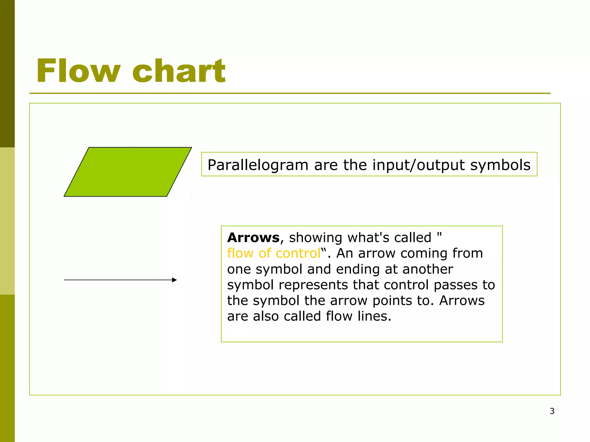 3
Flow chart
Parallelogram are the input/output symbols
Arrows, showing what's called "
flow of control“. An arrow coming from
one symbol and ending at another
symbol represents that control passes to
the symbol the arrow points to. Arrows
are also called flow lines.
 