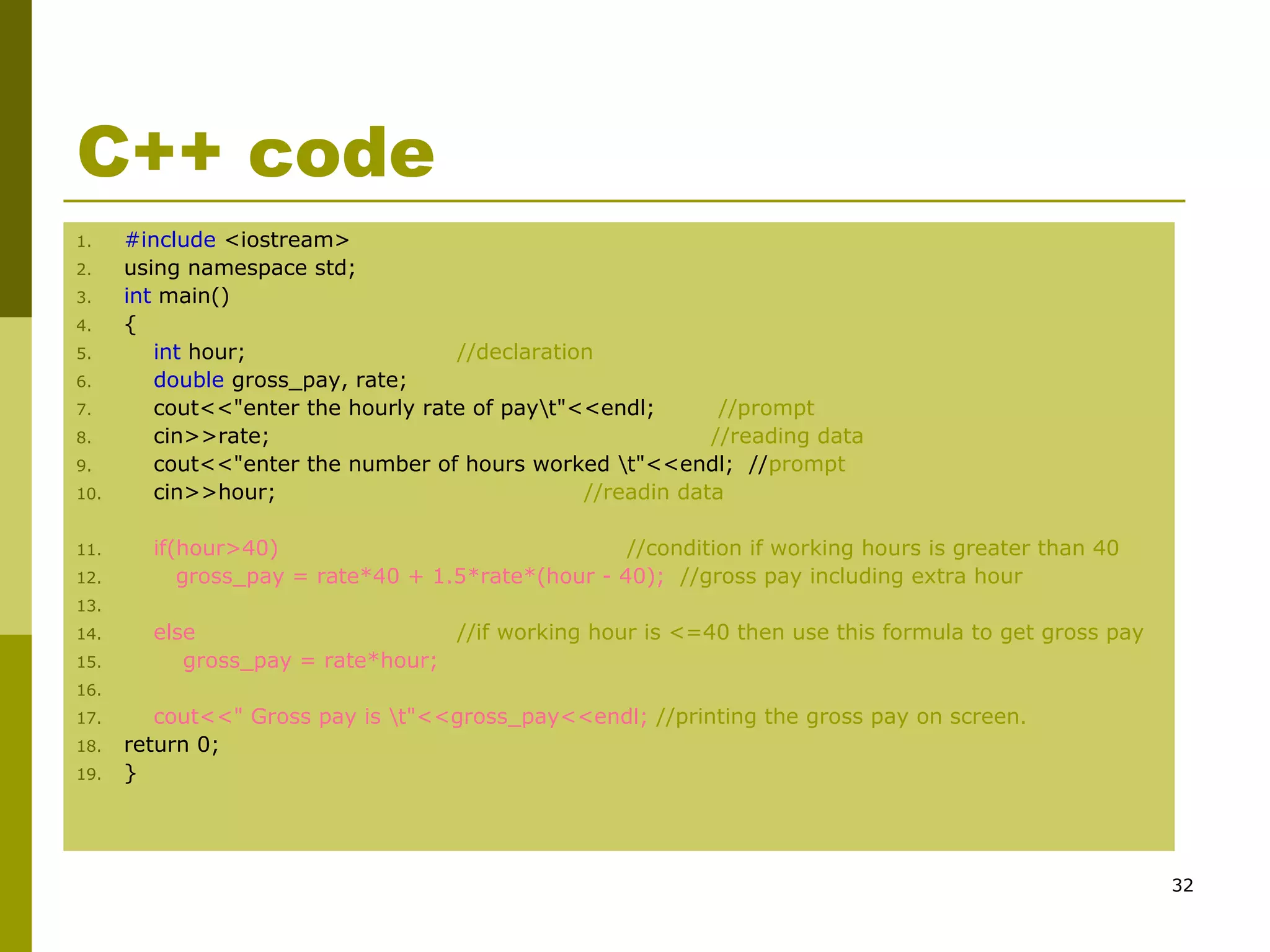 32
C++ code
1. #include <iostream>
2. using namespace std;
3. int main()
4. {
5. int hour; //declaration
6. double gross_pay, rate;
7. cout<<"enter the hourly rate of payt"<<endl; //prompt
8. cin>>rate; //reading data
9. cout<<"enter the number of hours worked t"<<endl; //prompt
10. cin>>hour; //readin data
11. if(hour>40) //condition if working hours is greater than 40
12. gross_pay = rate*40 + 1.5*rate*(hour - 40); //gross pay including extra hour
13.
14. else //if working hour is <=40 then use this formula to get gross pay
15. gross_pay = rate*hour;
16.
17. cout<<" Gross pay is t"<<gross_pay<<endl; //printing the gross pay on screen.
18. return 0;
19. }
 