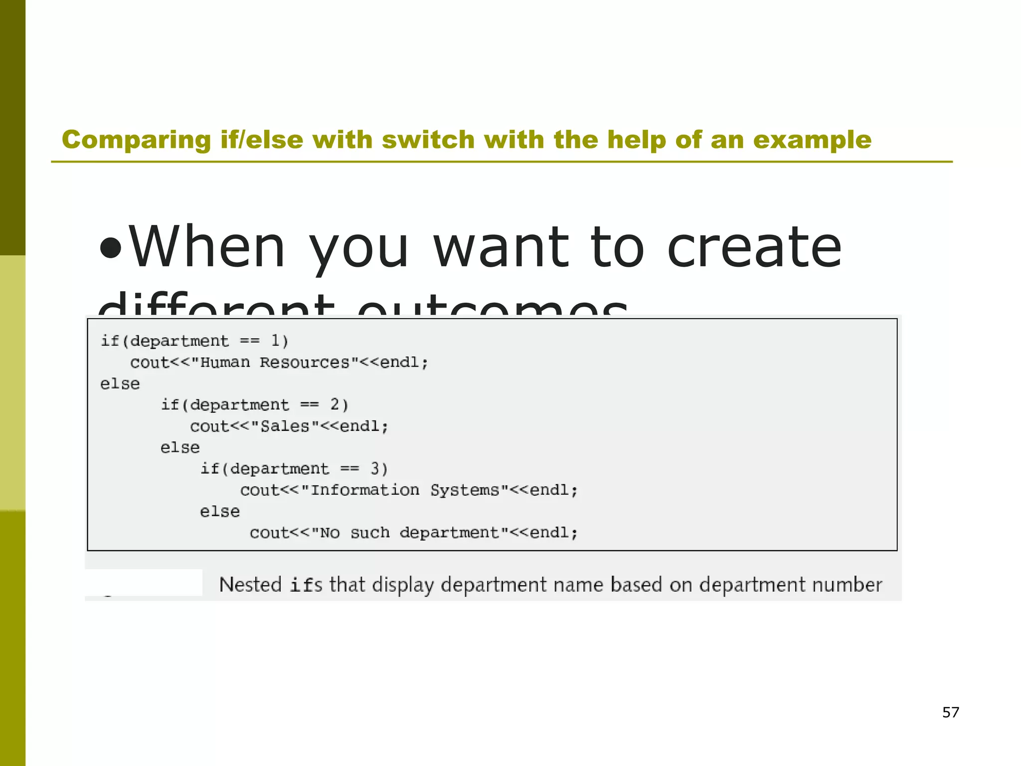 57
Comparing if/else with switch with the help of an example
•When you want to create
different outcomes
depending on specific
values, you can use a series
of ifs.
 