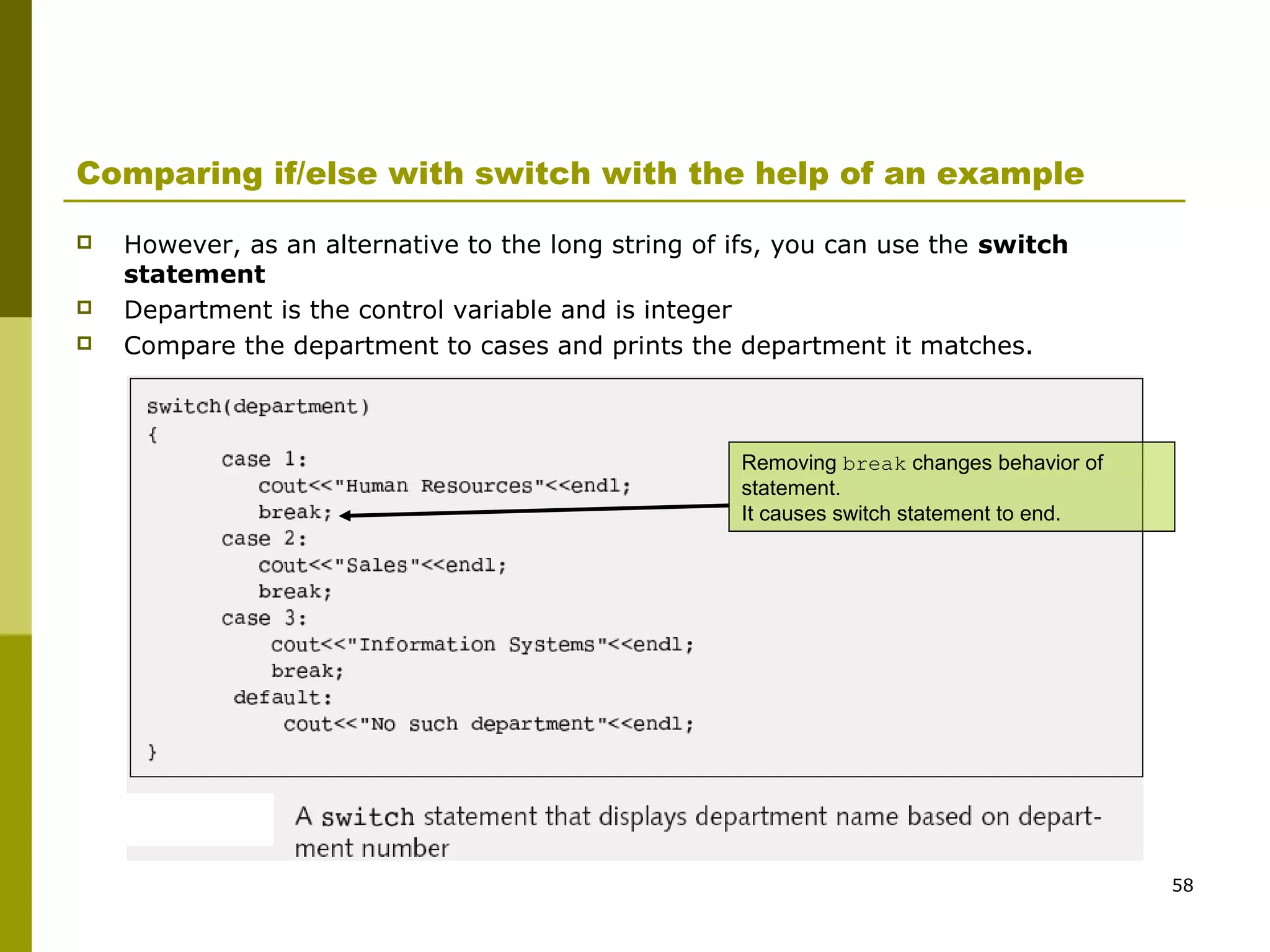 58
Comparing if/else with switch with the help of an example
 However, as an alternative to the long string of ifs, you can use the switch
statement
 Department is the control variable and is integer
 Compare the department to cases and prints the department it matches.
Removing break changes behavior of
statement.
It causes switch statement to end.
 