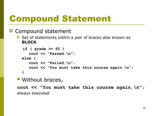 23
Compound Statement
 Compound statement
 Set of statements within a pair of braces also known as
BLOCK
if ( grade >= 60 )
cout << "Passed.n";
else {
cout << "Failed.n";
cout << "You must take this course again.n";
}
 Without braces,
cout << "You must take this course again.n";
always executed
 
