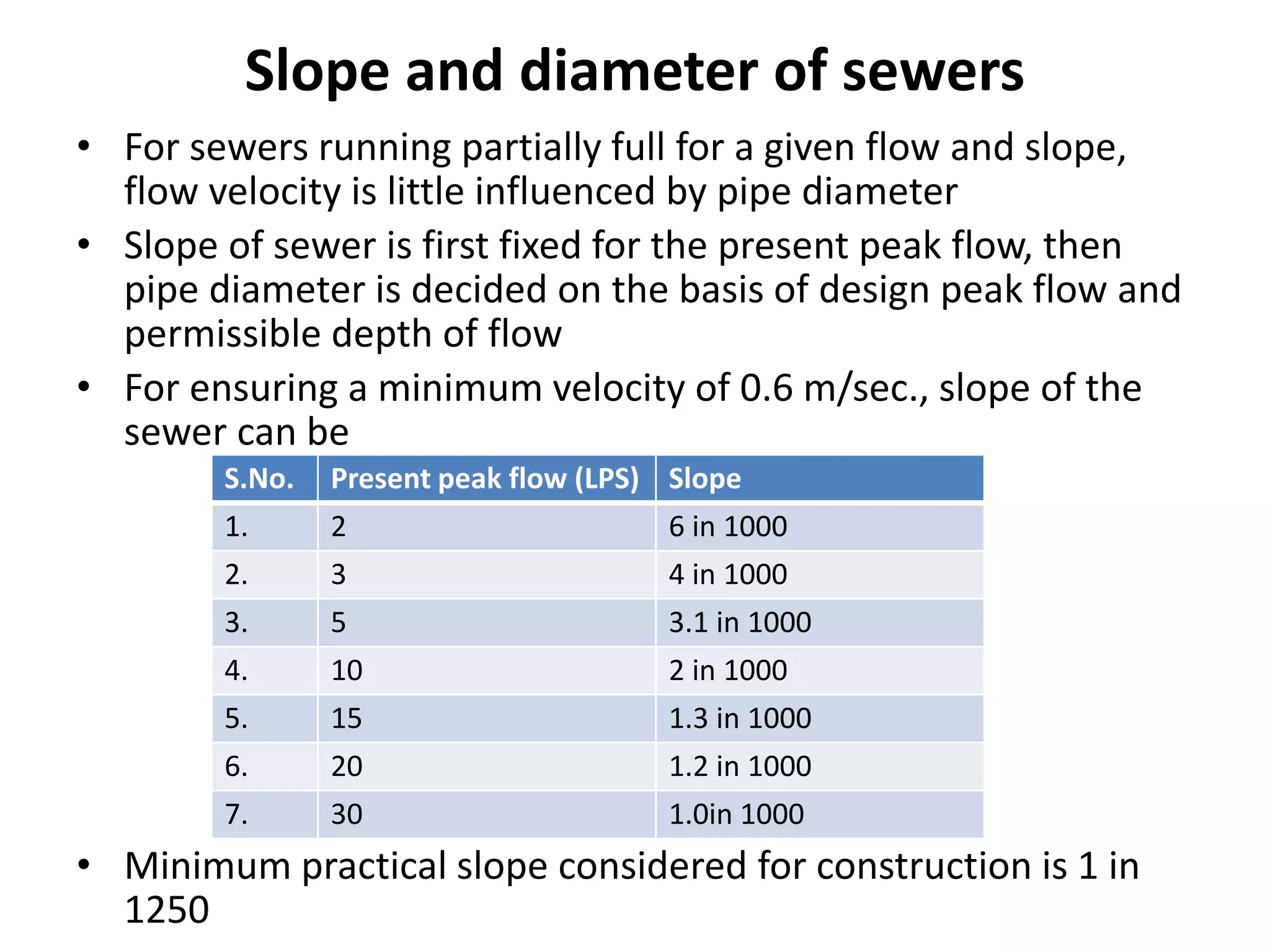 Slope and diameter of sewers
• For sewers running partially full for a given flow and slope,
flow velocity is little influenced by pipe diameter
• Slope of sewer is first fixed for the present peak flow, then
pipe diameter is decided on the basis of design peak flow and
permissible depth of flow
• For ensuring a minimum velocity of 0.6 m/sec., slope of the
sewer can be
• Minimum practical slope considered for construction is 1 in
1250
S.No. Present peak flow (LPS) Slope
1. 2 6 in 1000
2. 3 4 in 1000
3. 5 3.1 in 1000
4. 10 2 in 1000
5. 15 1.3 in 1000
6. 20 1.2 in 1000
7. 30 1.0in 1000
 