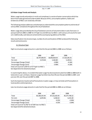 Multi Unit Water Conservation: City of Saskatoon 
July 17, 2009 
10 
6.0 Water Usage Trends and Analysis 
Water usage trends and analysis in multi unit complexes is a sector of water conservation which has 
been historically ignored and understudied. Because of this, consumption patterns, habits and 
tendencies of MUC`s are relatively unknown. 
The following analysis addresses and attempts to understand the consumption patterns and trends of 
various MUC complexes throughout the city of Saskatoon. 
Water usage data provided by the City of Saskatoon consists of volumetric data in cubic feet over a 3 
year period from 2006 to 2008 for 37 high rise and 634 low rise MUC`s with various unit counts for each 
unit. Additionally, each data set contained the accompanying address of the MUC. 
Data classification into structure type, number of units and location of MUC produced the following 
results and conclusions: 
6.1 Structure Type 
High rise structure usage amounts in cubic feet for the period 2006 to 2008 are as follows: 
2006 2007 2008 
Total 18,747,696.95 18,043,818.50 17,323,281.41 
Per Unit 5,573.04 5,363.80 5,149.61 
Percentage Change (Total) -3.90% -4.16% 
Percentage Change (Unit) -3.90% -4.16% 
Total unit count of 3,429 for all 37 high rise MUC`s 
See Appendix A for detailed analysis 
In examining the above, it is evident that water usage has decreased annually from 2006 to 2008 both in 
total and on a per unit basis. However usage has fallen less than 4% over the period 2006 to 2007, and 
just over 4% over the period 2007 to 2008. 
Such discrepancies may be cyclical fluctuations in water usage, or may correlate with fluctuations in 
local weather and temperature. 
Low rise structure usage amounts in cubic feet for the period 2006 to 2008 are as follows: 
2006 2007 2008 
Total 83,184,255.94 87,121,632.45 85,377,740.22 
Per Unit 6,070.96 6,358.32 6,231.04 
Percentage Change (Total) 4.52% -2.04% 
Percentage Change (Unit) 4.52% -2.04% 
Total unit count of 13,702 for all 634 low rise MUC`s 
See Appendix B for detailed analysis 
 