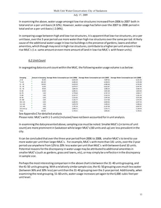 Multi Unit Water Conservation: City of Saskatoon 
July 17, 2009 
Grouping Amount in Grouping Average Water Consumption per Unit (2006) Average Water Consumption per Unit (2007) Average Water Consumption per Unit (2008) 
6-10 81.00 6,635.39 7,007.62 6,321.36 
11-20 261.00 6,083.03 6,438.50 6,355.98 
21 - 30 140.00 6,629.03 6,984.48 6,744.96 
31 - 40 52.00 6,079.57 6,622.87 6,447.95 
41 - 50 40.00 3,895.93 3,982.03 4,060.70 
51-60 19.00 6,083.51 5,831.68 5,824.04 
61-70 5.00 3,778.60 4,767.19 4,904.17 
71-80 5.00 6,167.17 5,333.76 5,261.43 
81-90 6.00 5,525.05 5,497.00 4,975.98 
91-100 3.00 5,332.77 5,517.68 5,472.95 
101-110 6.00 6,682.05 6,849.66 6,947.43 
111-120 3.00 5,870.78 5,499.42 5,098.26 
121-140 4.00 5,745.34 6,107.68 6,607.97 
141 and up 8.00 5,840.71 5,555.71 5,149.43 
Total 633.00 5,739.21 5,856.81 5,726.61 
11 
In examining the above, water usage amongst low rise structures increased from 2006 to 2007 both in 
total and on a per unit basis (4.52%). However, water usage has fallen over the 2007 to 2008 period in 
total and on a per unit basis (-2.04%). 
In comparing usage between high and low rise structures, it is apparent that low rise structures, on a per 
unit base, over the 3 year period use more water than high rise structures over the same period. A likely 
cause of the additional water usage in low rise buildings is the presence of gardens, lawns and other 
amenities, which though may exist in high rise structures, contribute to a higher per unit amount in low 
rise MUC`s (i.e. same amount or even more amount of land in low rise MUC`s with fewer units). 
6.2 Unit Count 
In segregating data via unit count within the MUC, the following water usage volume is as below: 
See Appendix C for detailed analysis 
Please note: MUC’s with 1-5 units (inclusive) have not been accounted for in unit analysis. 
In examining the data presented above, sampling size must be noted. Smaller MUC’s (in terms of unit 
count) are more prominent in Saskatoon while larger MUC’s (60 units and up) are less prevalent in the 
city. 
It can be concluded that over the three year period from 2006 to 2008, smaller MUC’s to tend to use 
more water per unit than larger MUC`s. For example, MUC`s with more than 141 units, over the 3 year 
period use anywhere from 12% to 20% less water per unit than MUC`s with between 6 and 10 units. 
Potential reasons for the discrepancy in water usage may be attributed to additional amenities in 
smaller MUC’s (such as gardens, grass and lawns, etc), or may simply be a reflection in the discrepancy 
in sample size. 
Perhaps the most interesting comparison in the above chart is between the 31-40 units grouping, and 
the 41-50 units grouping. With a relatively similar sample size, the 41-50 grouping uses much less water 
(between 36% and 30% less) per unit than the 31-40 grouping over the 3 year period. Additionally, when 
examining the next grouping, 51-60 units, water usage increases yet again to the 6,000 cubic feet per 
unit level. 
 