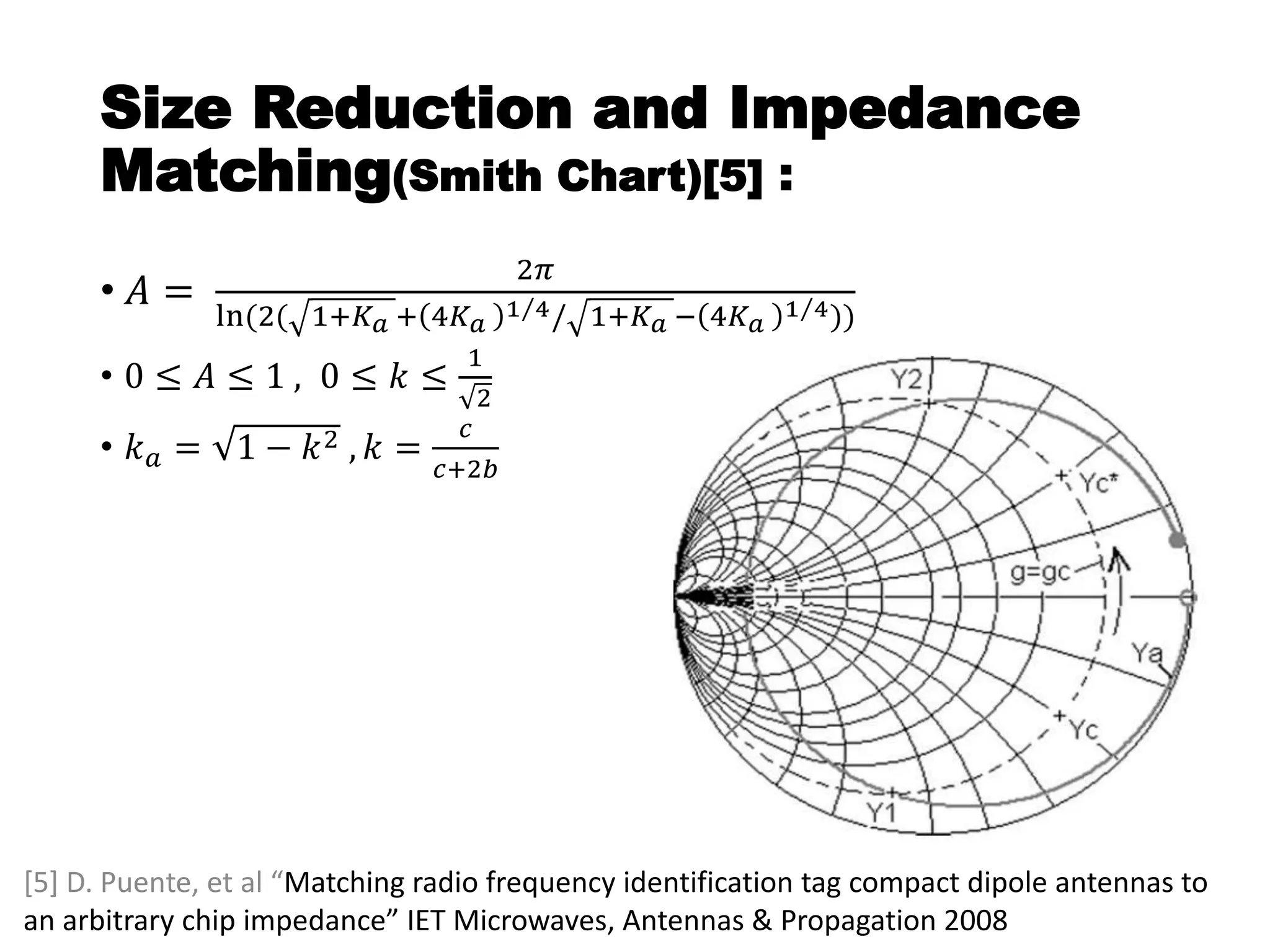 Size Reduction and Impedance
Matching(Smith Chart)[5] :
• 𝐴 =
2𝜋
ln(2( 1+𝐾 𝑎 + 4𝐾 𝑎
1 4/ 1+𝐾 𝑎 − 4𝐾 𝑎
1 4))
• 0 ≤ 𝐴 ≤ 1 , 0 ≤ 𝑘 ≤
1
2
• 𝑘 𝑎 = 1 − 𝑘2 , 𝑘 =
𝑐
𝑐+2𝑏
[5] D. Puente, et al “Matching radio frequency identification tag compact dipole antennas to
an arbitrary chip impedance” IET Microwaves, Antennas & Propagation 2008
 