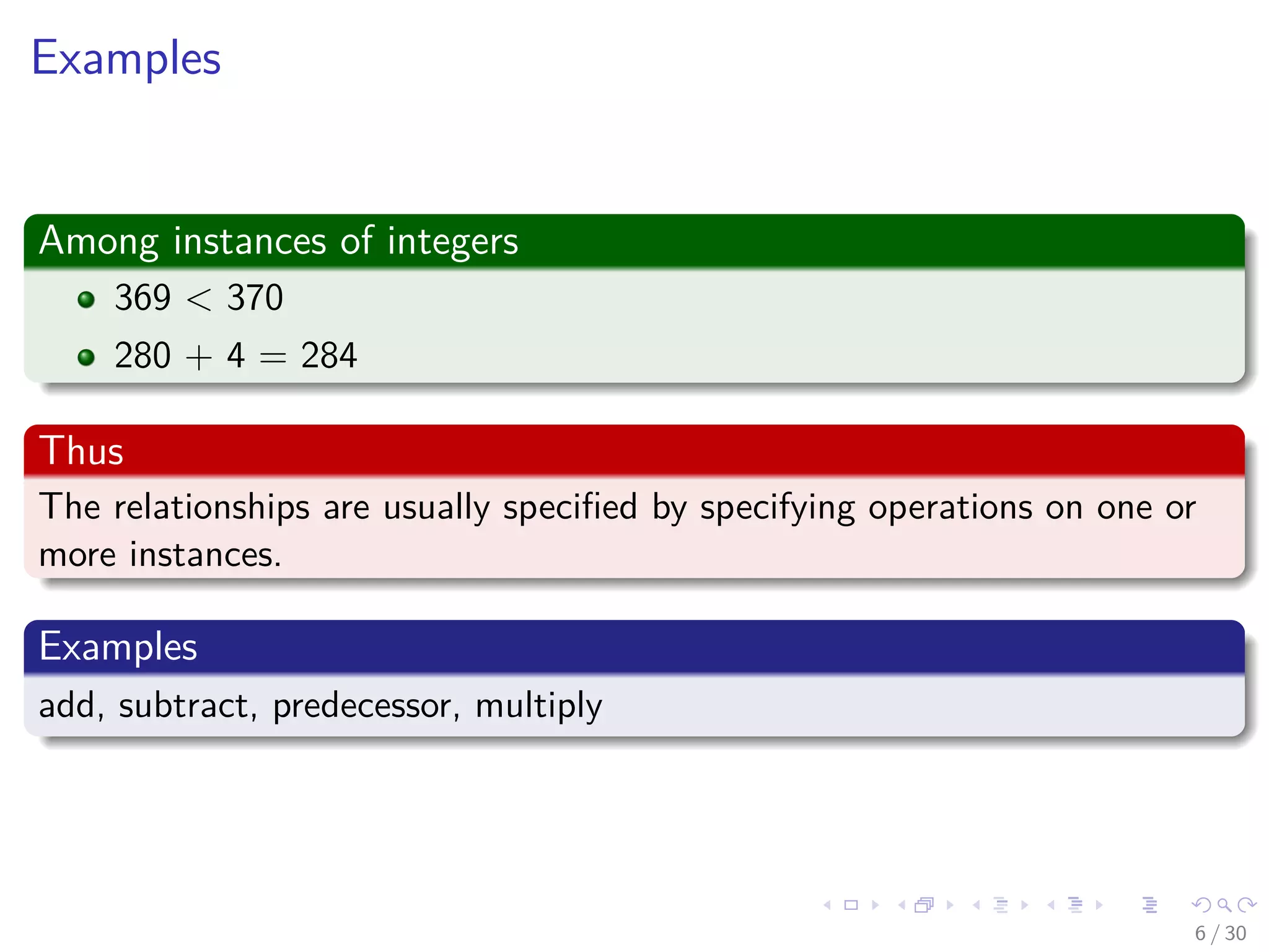 Images/cinvestav-
Examples
Among instances of integers
369 < 370
280 + 4 = 284
Thus
The relationships are usually speciﬁed by specifying operations on one or
more instances.
Examples
add, subtract, predecessor, multiply
6 / 30
 