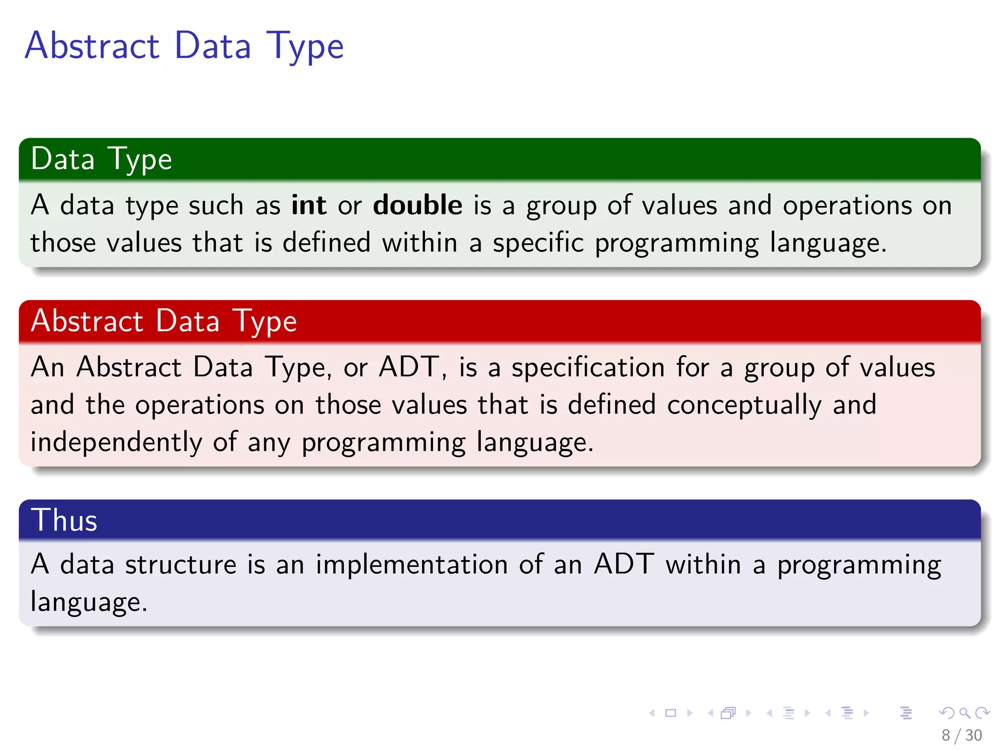 Images/cinvestav-
Abstract Data Type
Data Type
A data type such as int or double is a group of values and operations on
those values that is deﬁned within a speciﬁc programming language.
Abstract Data Type
An Abstract Data Type, or ADT, is a speciﬁcation for a group of values
and the operations on those values that is deﬁned conceptually and
independently of any programming language.
Thus
A data structure is an implementation of an ADT within a programming
language.
8 / 30
 