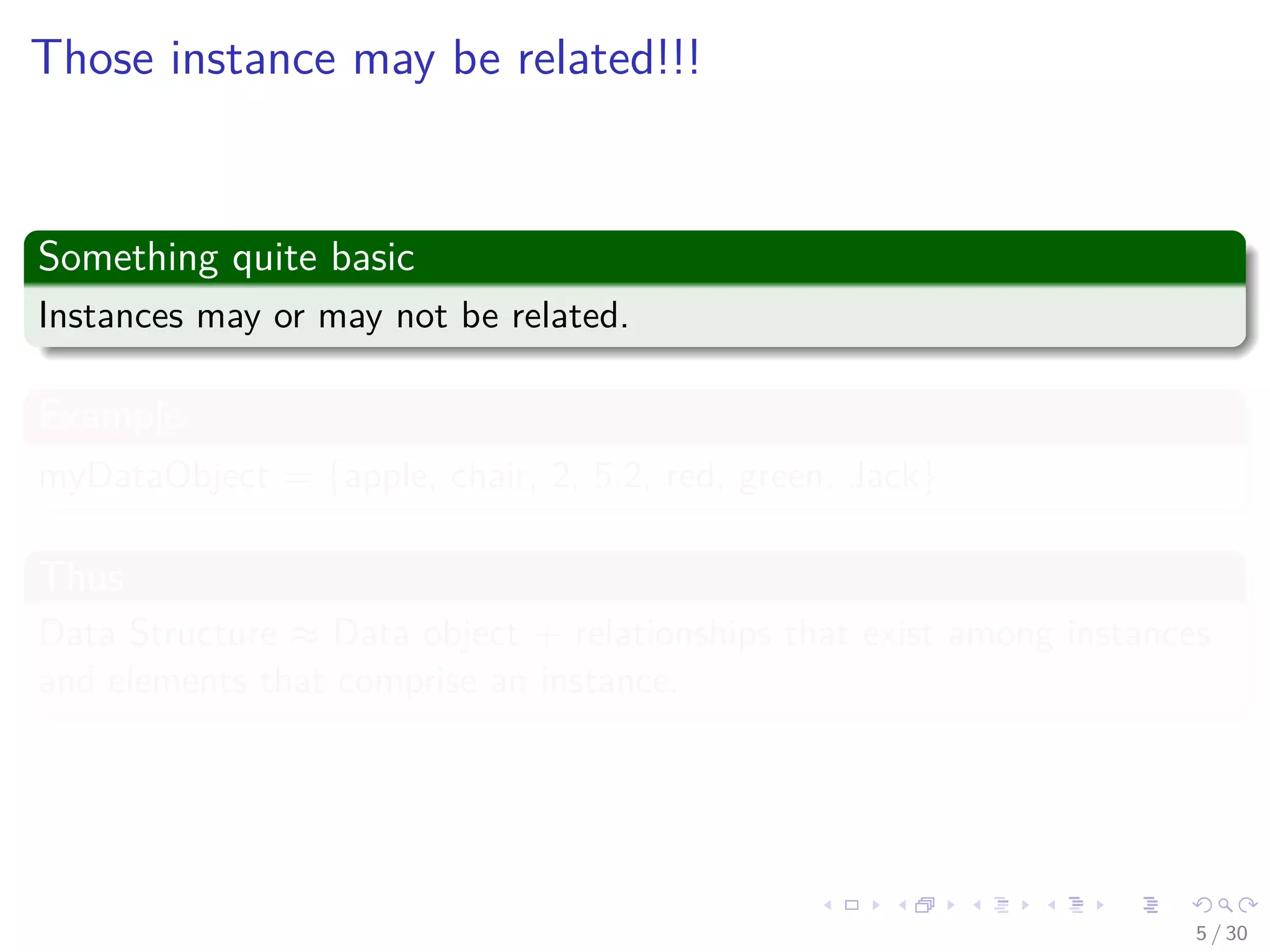 Images/cinvestav-
Those instance may be related!!!
Something quite basic
Instances may or may not be related.
Example
myDataObject = {apple, chair, 2, 5.2, red, green, Jack}
Thus
Data Structure ≈ Data object + relationships that exist among instances
and elements that comprise an instance.
5 / 30
 