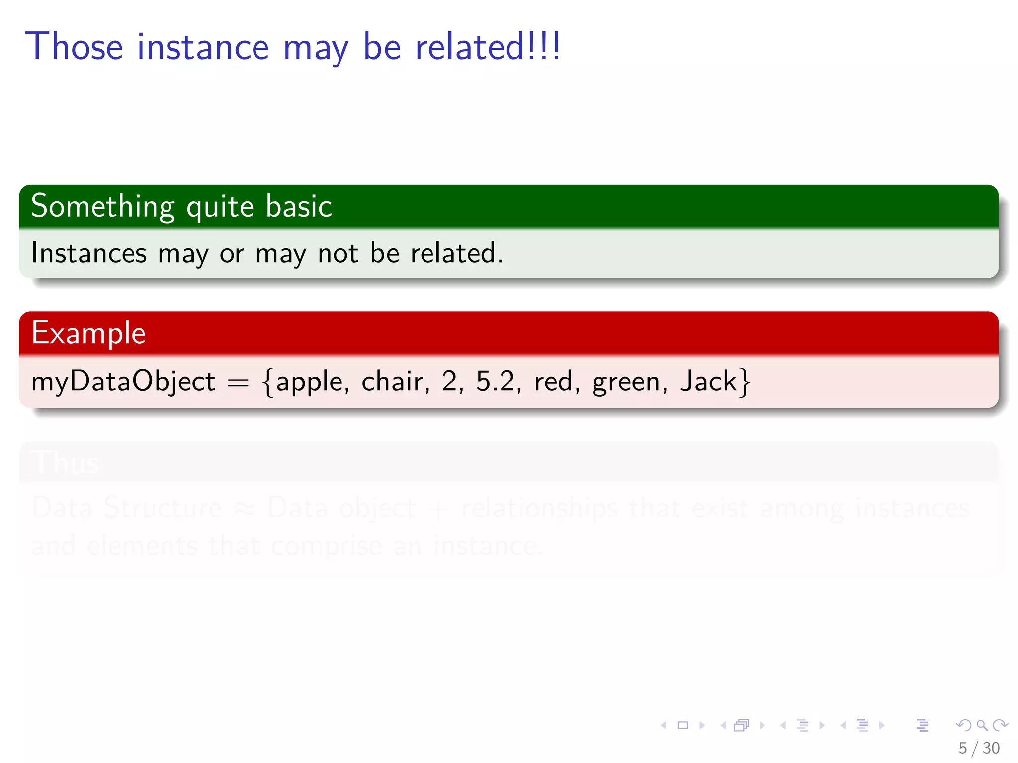 Images/cinvestav-
Those instance may be related!!!
Something quite basic
Instances may or may not be related.
Example
myDataObject = {apple, chair, 2, 5.2, red, green, Jack}
Thus
Data Structure ≈ Data object + relationships that exist among instances
and elements that comprise an instance.
5 / 30
 