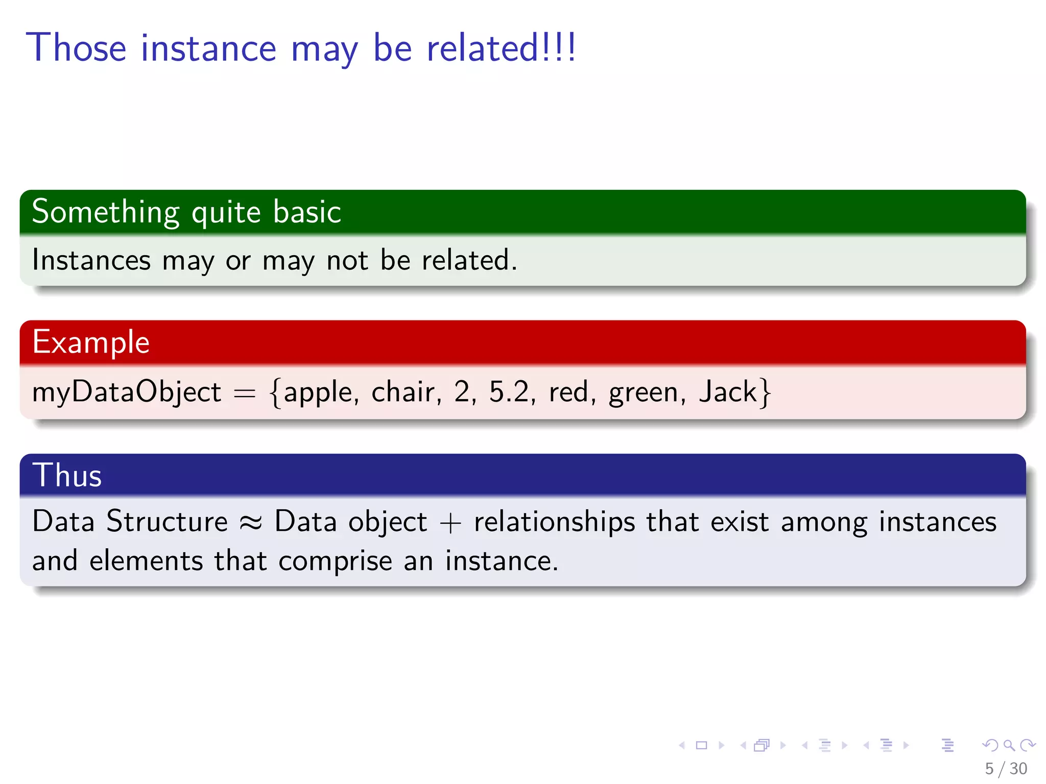 Images/cinvestav-
Those instance may be related!!!
Something quite basic
Instances may or may not be related.
Example
myDataObject = {apple, chair, 2, 5.2, red, green, Jack}
Thus
Data Structure ≈ Data object + relationships that exist among instances
and elements that comprise an instance.
5 / 30
 