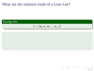 Images/cinvestav-
What are the relations inside of a Liner List?
Having this
L = (e0, e1, e2, ..., en−1)
Relationships
e0 is the zero’th (or front) element
en−1 is the last element
ei immediately precedes ei+1
14 / 30
 