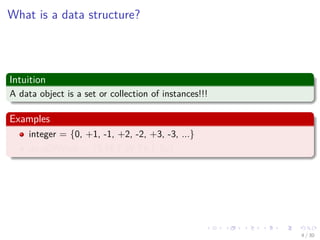 Images/cinvestav-
What is a data structure?
Intuition
A data object is a set or collection of instances!!!
Examples
integer = {0, +1, -1, +2, -2, +3, -3, ...}
daysOfWeek = {S,M,T,W,Th,F,Sa}
4 / 30
 