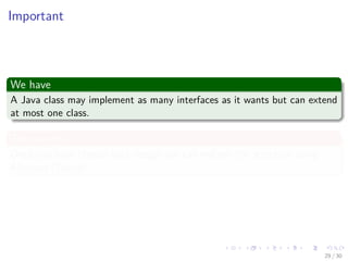 Images/cinvestav-
Important
We have
A Java class may implement as many interfaces as it wants but can extend
at most one class.
This is why
Once you have chosen your design you can enforce the structure using
Abstract Classes!!!
29 / 30
 