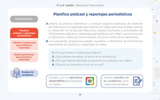 Comunicación
3.o
y 4.o
grado | Educación Secundaria
4
Planifico
pódcast y reportajes
periodísticos
Grabo testimonios
para pódcast y
reportajes
Planifico testimonios
para pódcast y
reportajes
Evalúo mi
progreso
Planifico pódcast y reportajes periodísticos
A.	Ahora, es preciso identificar y analizar algunos ejemplos de pódcast
periodísticos y el reportajes periodístico en video para que puedas realizar
tu selección. En la sección Recursos, explora los textos y actividades de
“Analizamos pódcast y reportajes periodísticos en video” para reconocer
la estructura, intención comunicativa, recursos entre otros elementos.
B.	Las siguientes preguntas pueden ayudarte a identificar la información
importante de pódcast y reportajes en video:
1.	¿De qué tratan? ¿Sobre qué hablan?
2.	¿Qué desea conseguir el autor en el audiencia?
3.	¿Por qué habrán decidido presentarlo en pódcast o en video?
4.	¿Qué te ha parecido el uso de la voz?
Puedes usar el aplicativo
SmartOfficeparaorganizar
tus ideas.
Puedes escribir en
tu cuaderno para
organizar tus ideas.
 