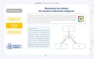 VII Ciclo | Educación Secundaria
Educación Religiosa
4
Organizo mis ideas
esperanzadoras
Elaboro un listado
de acciones fraternas
Reconozco
información
y coopero
Evalúo mi
progreso
Reconozco los valores
de nuestras tradiciones religiosas
Analiza la información, sobre las características que presentan las
manifestaciones culturales para revalorarla en nuestro día a día. Para
ello , revisa la sección de Recursos y usa el aplicativo Smart Office
que se encuentra en la tableta.
Comentario:
Apartirdeloleídoselecciono
tres valores y virtudes y
elaboro, tres lemas para
reforzar nuestras prácticas
culturales religiosas, desde
tu familia, comunidad y
país., que te servirán más
adelante como insumo para
la elaboración del podcast. 2° 3°
LEMAS
1°
 