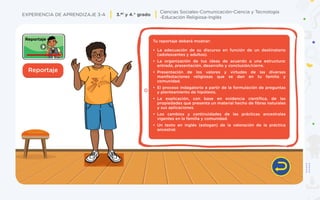 Ciencias Sociales-Comunicación-Ciencia y Tecnología
-Educación Religiosa-Inglés
EXPERIENCIA DE APRENDIZAJE 3-A 3.er y 4.° grado
Reportaje
Tu reportaje deberá mostrar:
• La adecuación de su discurso en función de un destinatario
(adolescentes y adultos).
• La organización de tus ideas de acuerdo a una estructura:
entrada, presentación, desarrollo y conclusión/cierre.
• Presentación de los valores y virtudes de las diversas
manifestaciones religiosas que se dan en tu familia y
comunidad.
• El proceso indagatorio a partir de la formulación de preguntas
y planteamiento de hipótesis.
• La explicación, con base en evidencia científica, de las
propiedades que presenta un material hecho de fibras naturales
y sus aplicaciones.
• Los cambios y continuidades de las prácticas ancestrales
vigentes en la familia y comunidad.
• Un texto en inglés (eslogan) de la valoración de la práctica
ancestral.
 