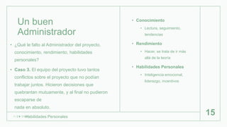 Un buen
Administrador
• Conocimiento
• Lectura, seguimiento,
tendencias
• Rendimiento
• Hacer, se trata de ir más
allá de la teoría
• Habilidades Personales
• Inteligencia emocional,
liderazgo, incentivos
1 / 2 6 / 2 0 2 1
15
• ¿Qué le falto al Administrador del proyecto,
conocimiento, rendimiento, habilidades
personales?
• Caso 3. El equipo del proyecto tuvo tantos
conflictos sobre el proyecto que no podían
trabajar juntos. Hicieron decisiones que
quebrantan mutuamente, y al final no pudieron
escaparse de
nada en absoluto.
• -Habilidades Personales
 