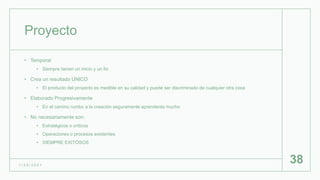 Proyecto
• Temporal
• Siempre tienen un inicio y un fin
• Crea un resultado ÚNICO
• El producto del proyecto es medible en su calidad y puede ser discriminado de cualquier otra cosa
• Elaborado Progresivamente
• En el camino rumbo a la creación seguramente aprenderás mucho
• No necesariamente son:
• Estratégicos o críticos
• Operaciones o procesos existentes
• SIEMPRE EXITÓSOS
1 / 2 6 / 2 0 2 1
38
 