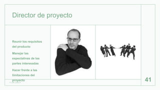 Director de proyecto
Reunir los requisitos
del producto
Manejar las
expectativas de las
partes interesadas
Hacer frente a las
limitaciones del
proyecto
1 / 2 6 / 2 0 2 1
41
 