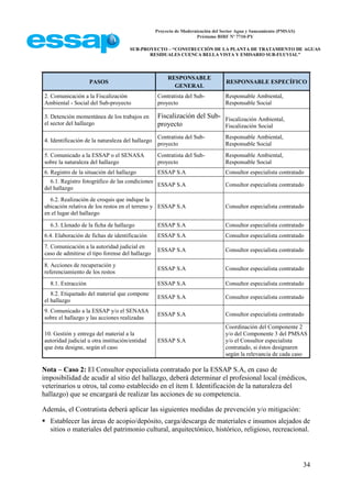 Proyecto de Modernización del Sector Agua y Saneamiento (PMSAS)
Préstamo BIRF Nº 7710-PY
SUB-PROYECTO – “CONSTRUCCIÓN DE LA PLANTA DE TRATAMIENTO DE AGUAS
RESIDUALES CUENCA BELLA VISTA Y EMISARIO SUB-FLUVIAL”
34
PASOS
RESPONSABLE
GENERAL
RESPONSABLE ESPECÍFICO
2. Comunicación a la Fiscalización
Ambiental - Social del Sub-proyecto
Contratista del Sub-
proyecto
Responsable Ambiental,
Responsable Social
3. Detención momentánea de los trabajos en
el sector del hallazgo
Fiscalización del Sub-
proyecto
Fiscalización Ambiental,
Fiscalización Social
4. Identificación de la naturaleza del hallazgo
Contratista del Sub-
proyecto
Responsable Ambiental,
Responsable Social
5. Comunicado a la ESSAP o el SENASA
sobre la naturaleza del hallazgo
Contratista del Sub-
proyecto
Responsable Ambiental,
Responsable Social
6. Registro de la situación del hallazgo ESSAP S.A Consultor especialista contratado
6.1. Registro fotográfico de las condiciones
del hallazgo
ESSAP S.A Consultor especialista contratado
6.2. Realización de croquis que indique la
ubicación relativa de los restos en el terreno y
en el lugar del hallazgo
ESSAP S.A Consultor especialista contratado
6.3. Llenado de la ficha de hallazgo ESSAP S.A Consultor especialista contratado
6.4. Elaboración de fichas de identificación ESSAP S.A Consultor especialista contratado
7. Comunicación a la autoridad judicial en
caso de admitirse el tipo forense del hallazgo
ESSAP S.A Consultor especialista contratado
8. Acciones de recuperación y
referenciamiento de los restos
ESSAP S.A Consultor especialista contratado
8.1. Extracción ESSAP S.A Consultor especialista contratado
8.2. Etiquetado del material que compone
el hallazgo
ESSAP S.A Consultor especialista contratado
9. Comunicado a la ESSAP y/o el SENASA
sobre el hallazgo y las acciones realizadas
ESSAP S.A Consultor especialista contratado
10. Gestión y entrega del material a la
autoridad judicial u otra institución/entidad
que ésta designe, según el caso
ESSAP S.A
Coordinación del Componente 2
y/o del Componente 3 del PMSAS
y/o el Consultor especialista
contratado, si éstos designaren
según la relevancia de cada caso
Nota – Caso 2: El Consultor especialista contratado por la ESSAP S.A, en caso de
imposibilidad de acudir al sitio del hallazgo, deberá determinar el profesional local (médicos,
veterinarios u otros, tal como establecido en el ítem I. Identificación de la naturaleza del
hallazgo) que se encargará de realizar las acciones de su competencia.
Además, el Contratista deberá aplicar las siguientes medidas de prevención y/o mitigación:
 Establecer las áreas de acopio/depósito, carga/descarga de materiales e insumos alejados de
sitios o materiales del patrimonio cultural, arquitectónico, histórico, religioso, recreacional.
 