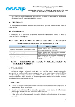 Proyecto de Modernización del Sector Agua y Saneamiento (PMSAS)
Préstamo BIRF Nº 7710-PY
SUB-PROYECTO – “CONSTRUCCIÓN DE LA PLANTA DE TRATAMIENTO DE AGUAS
RESIDUALES CUENCA BELLA VISTA Y EMISARIO SUB-FLUVIAL”
37
para recepción, manejo y solución de potenciales reclamos y/o conflictos con la población
afectada en caso de ocurrencia de dichos eventos.
V. CRONOGRAMA
Las medidas propuestas en el presente PPM deberán ser aplicadas durante toda la etapa de
construcción.
VI. RESPONSABLES
El responsable de la aplicación del presente plan será el Contratista durante la etapa de
construcción del Sub-proyecto.
VII. ITEMS A CARGO DEL CONTRSTISTA PARA IMPLEMENTACION DEL PPM
Tabla 9. Ítems a cargo del contratista para implementación del PPM
ÍTEM OBSERVACIONES
Reposición de pavimentos, empedrados y veredas.
Costos incluidos en las Especificaciones Técnicas de
la Oferta de Licitación del Contratista.
Reposición de muros y cercados
Costos incluidos en las Especificaciones Técnicas de
la Oferta de Licitación del Contratista.
Reparación de daños por imprevistos
Monto que debe ser previsto como porcentaje de las
ETAS en el rubro Imprevistos del Formulario de
Ofertas
H. PPM – PROGRAMA DE MANEJO Y REHABILITACIÓN DE
SERVICIOS PÚBLICOS
I. INTRODUCCIÓN
El Programa de Manejo y Rehabilitación de Servicios Públicos (PMRSP) propone las medidas
que deberán ser implementadas de manera a generar el menor impacto en la población debido
a la afectación y/o interrupción de servicios públicos en forma temporal, a consecuencia de la
construcción de las obras. Además, el programa preverá la rehabilitación de los servicios
afectados, una vez finalizadas las obras.
II.OBJETIVOS
 Reducir los riesgos de interferencia en el suministro de los diferentes servicios públicos en
la zona de afectación del proyecto.
 Reducir la inconformidad de la comunidad que reside o visita la zona de influencia del
proyecto por la alteración en el suministro de los servicios.
 Evitar daños en la infraestructura de los predios ubicados en los alrededores de la zona del
proyecto.
 