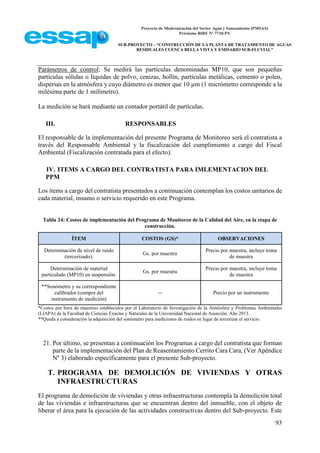Proyecto de Modernización del Sector Agua y Saneamiento (PMSAS)
Préstamo BIRF Nº 7710-PY
SUB-PROYECTO – “CONSTRUCCIÓN DE LA PLANTA DE TRATAMIENTO DE AGUAS
RESIDUALES CUENCA BELLA VISTA Y EMISARIO SUB-FLUVIAL”
93
Parámetros de control: Se medirá las partículas denominadas MP10, que son pequeñas
partículas sólidas o líquidas de polvo, cenizas, hollín, partículas metálicas, cemento o polen,
dispersas en la atmósfera y cuyo diámetro es menor que 10 µm (1 micrómetro corresponde a la
milésima parte de 1 milímetro).
La medición se hará mediante un contador portátil de partículas.
III. RESPONSABLES
El responsable de la implementación del presente Programa de Monitoreo será el contratista a
través del Responsable Ambiental y la fiscalización del cumplimiento a cargo del Fiscal
Ambiental (Fiscalización contratada para el efecto).
IV. ITEMS A CARGO DEL CONTRATISTA PARA IMLEMENTACION DEL
PPM
Los ítems a cargo del contratista presentados a continuación contemplan los costos unitarios de
cada material, insumo o servicio requerido en este Programa.
Tabla 24: Costos de implementación del Programa de Monitoreo de la Calidad del Aire, en la etapa de
construcción.
ÍTEM COSTOS (GS)* OBSERVACIONES
Determinación de nivel de ruido
(tercerizado).
Gs. por muestra
Precio por muestra, incluye toma
de muestra
Determinación de material
particulado (MP10) en suspensión.
Gs. por muestra
Precio por muestra, incluye toma
de muestra
**Sonómetro y su correspondiente
calibrador (compra del
instrumento de medición)
-- Precio por un instrumento
*Costos por hora de muestreo establecidos por el Laboratorio de Investigación de la Atmósfera y Problemas Ambientales
(LIAPA) de la Facultad de Ciencias Exactas y Naturales de la Universidad Nacional de Asunción. Año 2013.
**Queda a consideración la adquisición del sonómetro para mediciones de ruidos en lugar de tercerizar el servicio.
21. Por último, se presentan a continuación los Programas a cargo del contratista que forman
parte de la implementación del Plan de Reasentamiento Cerrito Cara Cara, (Ver Apéndice
Nº 3) elaborado específicamente para el presente Sub-proyecto.
T. PROGRAMA DE DEMOLICIÓN DE VIVIENDAS Y OTRAS
INFRAESTRUCTURAS
El programa de demolición de viviendas y otras infraestructuras contempla la demolición total
de las viviendas e infraestructuras que se encuentran dentro del inmueble, con el objeto de
liberar el área para la ejecución de las actividades constructivas dentro del Sub-proyecto. Este
 