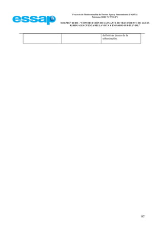 Proyecto de Modernización del Sector Agua y Saneamiento (PMSAS)
Préstamo BIRF Nº 7710-PY
SUB-PROYECTO – “CONSTRUCCIÓN DE LA PLANTA DE TRATAMIENTO DE AGUAS
RESIDUALES CUENCA BELLA VISTA Y EMISARIO SUB-FLUVIAL”
97
definitivas dentro de la
urbanización.
 