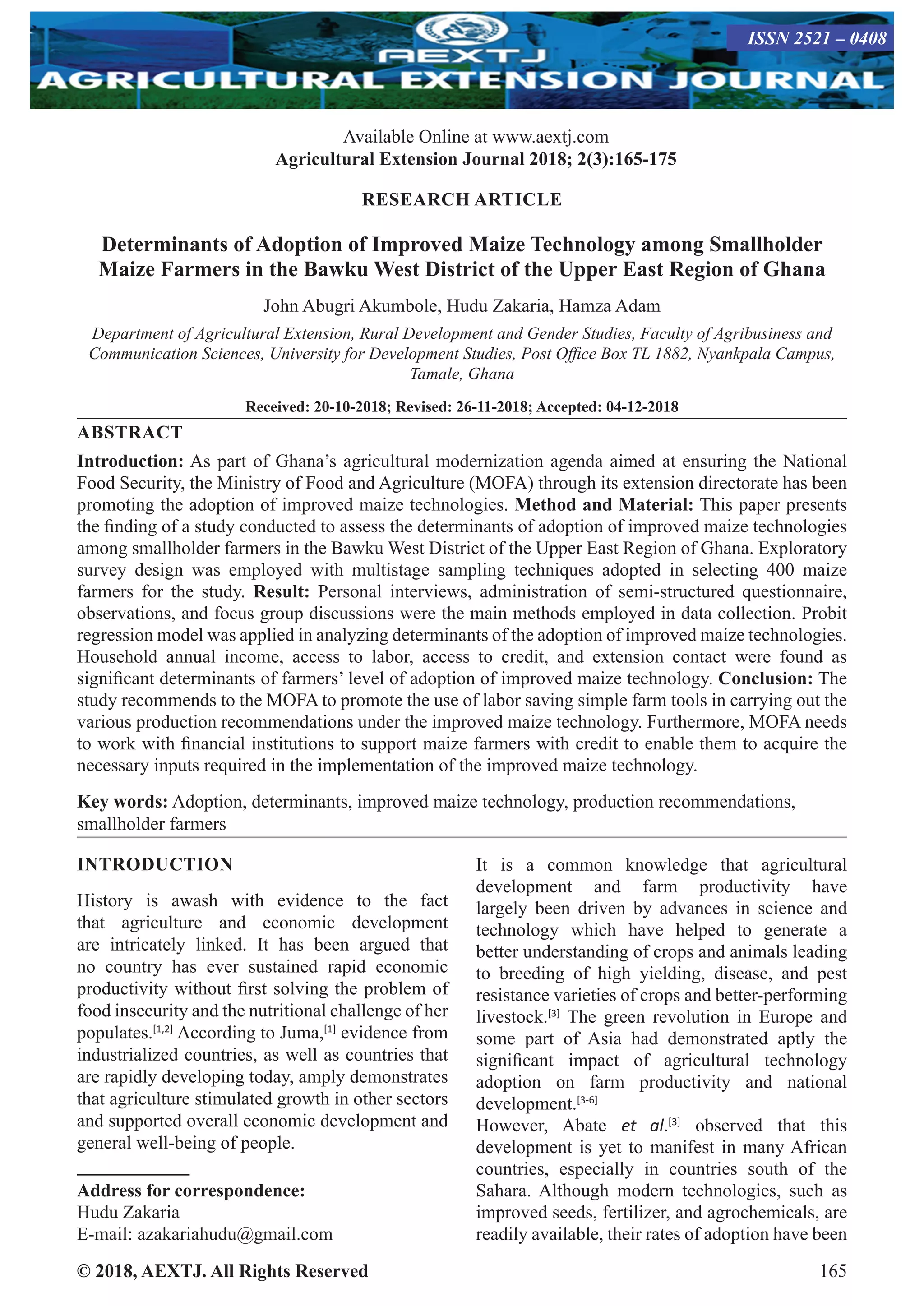 Determinants of Adoption of Improved Maize Technology among Smallholder ...