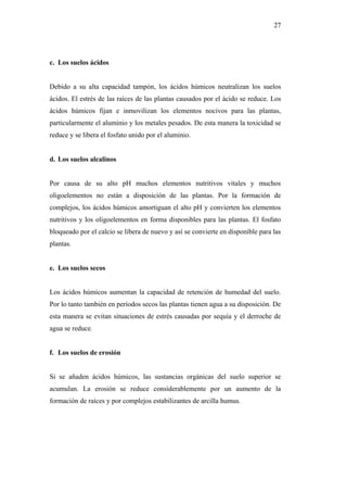 27




c. Los suelos ácidos


Debido a su alta capacidad tampón, los ácidos húmicos neutralizan los suelos
ácidos. El estrés de las raíces de las plantas causados por el ácido se reduce. Los
ácidos húmicos fijan e inmovilizan los elementos nocivos para las plantas,
particularmente el aluminio y los metales pesados. De esta manera la toxicidad se
reduce y se libera el fosfato unido por el aluminio.


d. Los suelos alcalinos


Por causa de su alto pH muchos elementos nutritivos vitales y muchos
oligoelementos no están a disposición de las plantas. Por la formación de
complejos, los ácidos húmicos amortiguan el alto pH y convierten los elementos
nutritivos y los oligoelementos en forma disponibles para las plantas. El fosfato
bloqueado por el calcio se libera de nuevo y así se convierte en disponible para las
plantas.


e. Los suelos secos


Los ácidos húmicos aumentan la capacidad de retención de humedad del suelo.
Por lo tanto también en períodos secos las plantas tienen agua a su disposición. De
esta manera se evitan situaciones de estrés causadas por sequía y el derroche de
agua se reduce.


f. Los suelos de erosión


Si se añaden ácidos húmicos, las sustancias orgánicas del suelo superior se
acumulan. La erosión se reduce considerablemente por un aumento de la
formación de raíces y por complejos estabilizantes de arcilla humus.
 