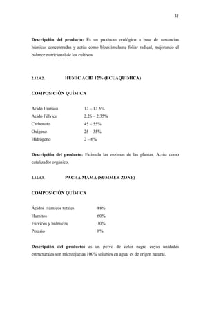 31




Descripción del producto: Es un producto ecológico a base de sustancias
húmicas concentradas y actúa como bíoestimulante foliar radical, mejorando el
balance nutricional de los cultivos.




2.12.4.2.          HUMIC ACID 12% (ECUAQUIMICA)


COMPOSICIÓN QUÍMICA


Acido Húmico                  12 – 12.5%
Acido Fúlvico                 2.26 – 2.35%
Carbonato                     45 – 55%
Oxígeno                       25 – 35%
Hidrógeno                     2 – 6%


Descripción del producto: Estimula las enzimas de las plantas. Actúa como
catalizador orgánico.


2.12.4.3.          PACHA MAMA (SUMMER ZONE)


COMPOSICIÓN QUÍMICA


Ácidos Húmicos totales                 88%
Humitos                                60%
Fúlvicos y húlmicos                    30%
Potasio                                8%


Descripción del producto: es un polvo de color negro cuyas unidades
estructurales son microojuelas 100% solubles en agua, es de origen natural.
 